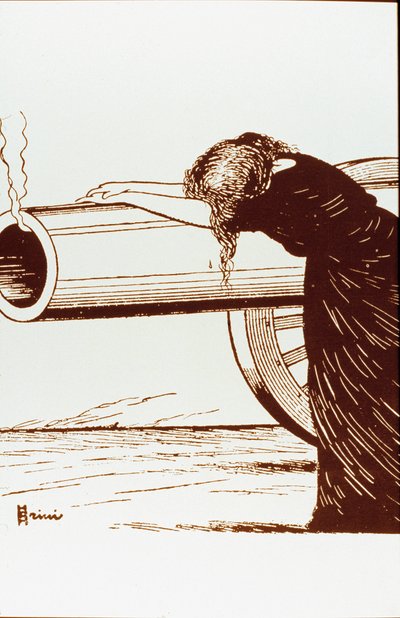 Erster Weltkrieg: eine Allegorie des Krieges, eine Frau, wahrscheinlich Witwe, in Verzweiflung, lehnt sich an eine noch rauchende Kanone. Plakat von Giuseppe Scalarini (1873-1948) 1914 von Giuseppe Scalarini
