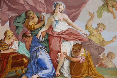 Darstellungen des Mythos von Diana, von Domenico und Giuseppe Valeriani, Fresko, Gewölbedecke des Schlafzimmers, Königliches Appartement, Jagdresidenz, von Filippo Juvarra (1678-1736), Stupinigi, Piemont, Italien von Giuseppe and Valeriani Domenico Valeriani