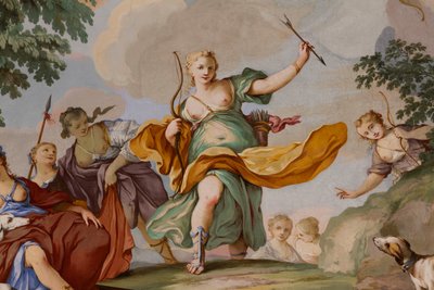 Darstellungen des Mythos von Diana, von Domenico und Giuseppe Valeriani, Fresko, Gewölbedecke des Schlafzimmers, Königliches Appartement, Jagdresidenz, von Filippo Juvarra (1678-1736), Stupinigi, Piemont, Italien von Giuseppe and Valeriani Domenico Valeriani