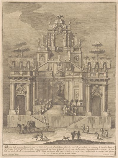 Die Prima Macchina für die Chinea von 1778: Ein Landhaus-Belvedere mit Herkules und Antäus von Giuseppe Vasi, after Giuseppe Palazzi