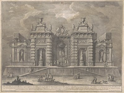 Die zweite Maschine für die Chinea von 1774: Eine Villa mit antiken Denkmälern und ein Spiel von "Giostra" von Giuseppe Vasi, after Giuseppe Palazzi, after Paolo Posi