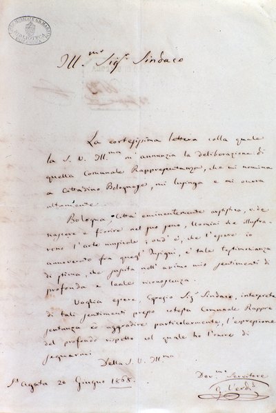Handgeschriebener Brief von Giuseppe Verdi an den Bürgermeister von Bologna, als er Ehrenbürger wurde, 20. Juni von Giuseppe Verdi