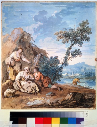 Drei Bauern ruhen sich am Flussufer aus von Giuseppe Zais