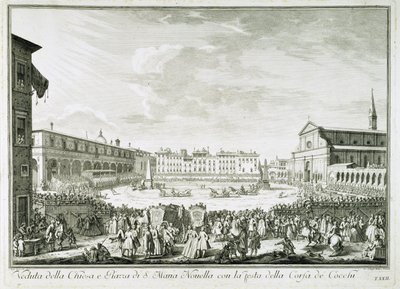 Festa della Corsa dei Cocchi auf der Piazza Santa Maria Novella. Das Fest der Corsa dei Cocchi auf dem Platz der Kirche Santa Maria Novella in Florenz. Zeichnung von Giuseppe Zocchi (1711-1767). Florenz, Biblioteca Riccardiana. von Giuseppe Zocchi