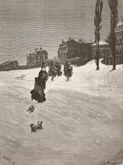 Es ist kalt!, Frau geht im Schnee, Gravur nach einem Gemälde von Giuseppe De Nittis, Zeichnung von Montefusco, L
