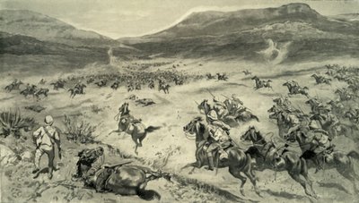 Der letzte Widerstand der Buren vor Kimberley - Angriff der britischen Kavallerie, 1900 von Godfrey Douglas Giles