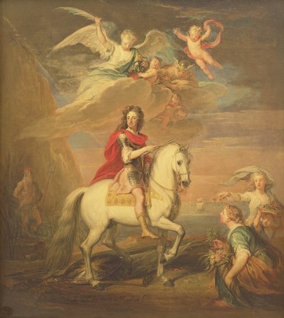 Wilhelm III. auf einem grauen Pferd, beobachtet von Neptun, Ceres und Flora. Merkur im Himmel und Astrea von Godfrey Kneller