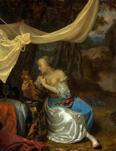 Dame mit Spiegel unter einem Baldachin in waldiger Landschaft von Godfried Schalcken