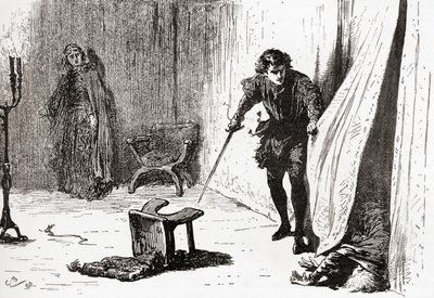 Szene aus William Shakespeares Stück Hamlet, Akt III, Szene 4, Hamlet: Du elender, ungestümer, eindringender Narr, leb wohl! Ich hielt dich für besser, aus Die Werke von William Shakespeare, veröffentlicht 1896 von Gordon Frederick Browne