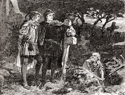 Szene aus William Shakespeares Stück Hamlet, Akt V, Szene 1, Hamlet: Ich kenne ihn, Horatio, ein Mann von unendlichem Witz, von ausgezeichneter Fantasie, aus Die Werke von William Shakespeare, veröffentlicht 1896 von Gordon Frederick Browne