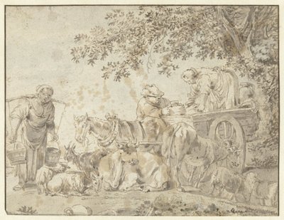Bauern und Vieh bei einem Bauernwagen von Govert Dircksz. Camphuysen (possibly)