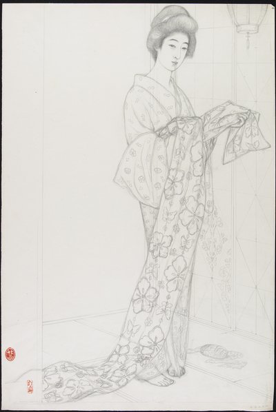 Vorbereitende Zeichnung für Frau in Kimono-Unterwäsche von Goyo Hashiguchi