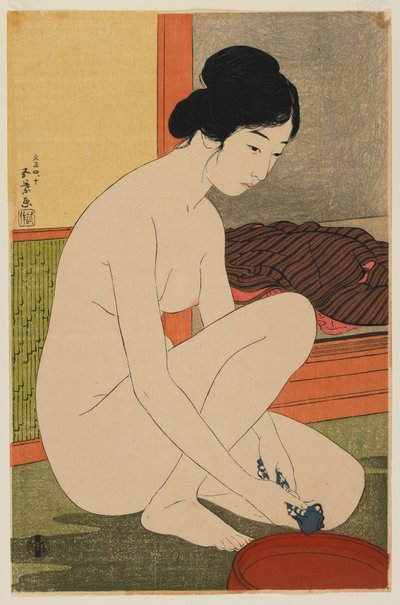 Frau beim Baden, Taisho-Ära, Oktober 1915 (Farbholzschnitt) von Goyo Hashiguchi