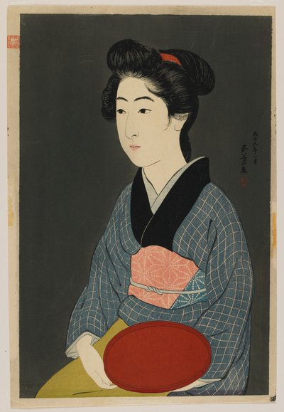 Frau mit einem Tablett, Taisho-Ära, Januar 1920 von Goyo Hashiguchi
