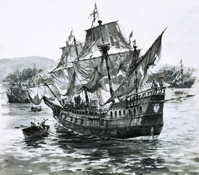 Drakes Schiff, die Golden Hind, kehrt mit immensen Reichtümern nach Portsmouth zurück von Graham Coton