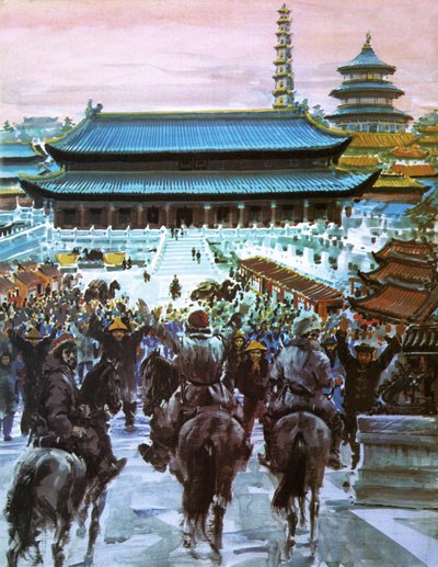 Marco Polo mit seinem Vater und Onkel auf dem Weg zum Palast des Großen Khan, 20. Jahrhundert von Graham Coton