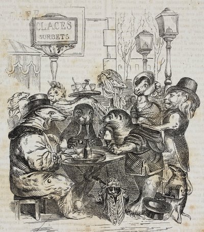 Tiere im Eiscafé, Lithographie von Giovanni Mariani nach einer Karikatur von Jean-Jacques Grandville aus Poliorama Pittoresco, Nr. 24, 21. Januar von Grandville