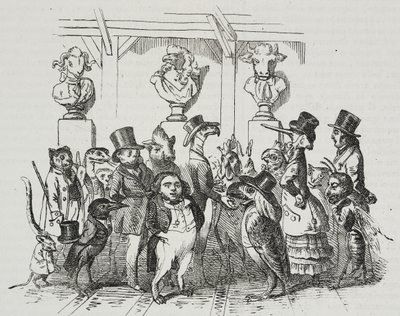 Ausgang aus dem Theater, Karikatur von Jean-Jacques Grandville, Lithographie von Giovanni Mariani aus Poliorama Pittoresco, Nr. 39, 7. Mai von Grandville