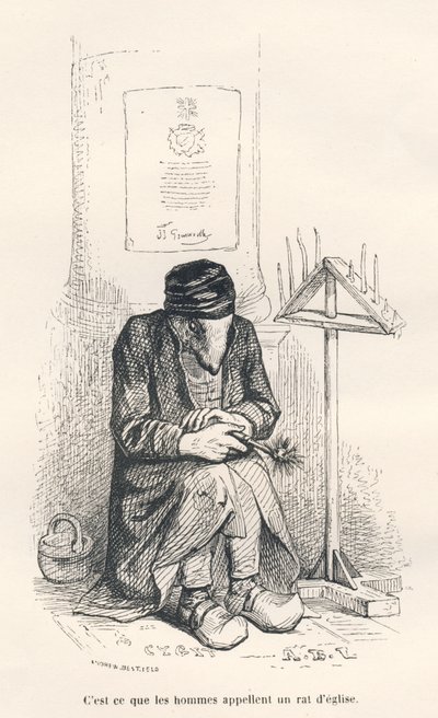Kirchenmaus. Vignetten illustriert von JJ Granville. Gravur signiert Andrew, Best und Leloir im Teil "Der philosophische Ratte" geschrieben von Edouard Lemoine in "Szenen aus dem privaten und öffentlichen Leben der Tiere". Paris, J. Hetzel und Paulin von Grandville