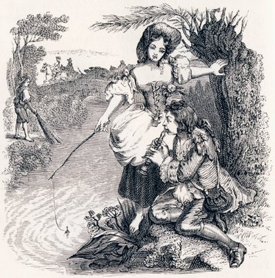 Die Fische und der Hirte, der Flöte spielt - Fabeln von La Fontaine von Grandville