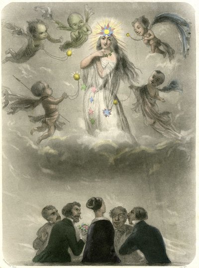 Allegorie einer jungen Frau, umgeben von 4 Seufzern, die sich mit einem Planeten vergleicht, um den vier Satelliten kreisen, von denen einer ihre Sonne wird. Grandville-Stich zur Illustration eines Kapitels in Merys Buch: „Die Sterne“ von Grandville (1803 47)