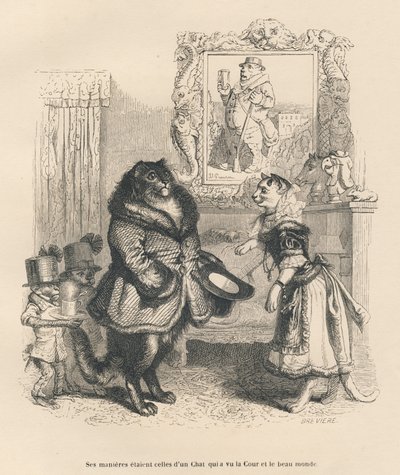 Katze des Hofes grüßt eine junge Katze. Vignetten illustriert von JJ Granville. Gravur signiert Breviere in der Partie "Peines de cour d