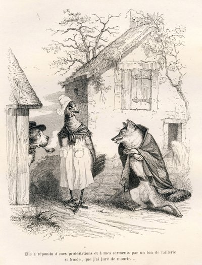 Gespräch zwischen einem Hund, einem Huhn und einem Fuchs. Vignetten illustriert von JJ Granville. Gravur signiert Godard im Teil "Ein Fuchs in der Falle" geschrieben von Charles Nodier in "Szenen aus dem privaten und öffentlichen Leben der Tiere". Paris, J von Grandville