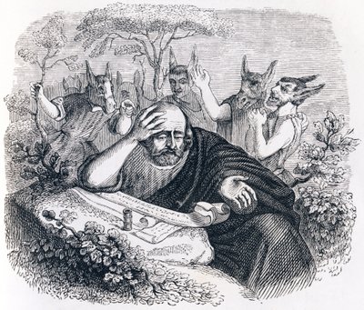 Demokrit und die Abderiten. (Brief von Hippokrates) - Fabeln von La Fontaine von Grandville
