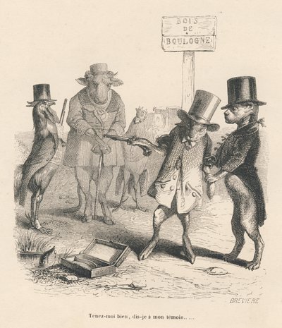 Duell im Bois de Boulogne. Vignetten illustriert von JJ Granville. Gravur signiert Breviere in der Partie "Histoire d