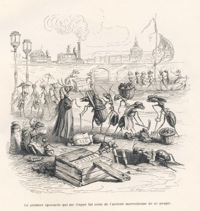Ameisen in voller Aktivität an den Ufern der Seine. Vignetten illustriert von JJ Granville. Gravur signiert von Porret im Teil "Reise eines Spatzen aus Paris" geschrieben von George Sand in "Szenen aus dem privaten und öffentlichen Leben der Tiere". Paris, von Grandville