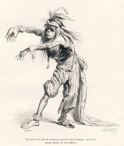 Dann brechen so viele tierische Leidenschaften im Menschen aus, dass man ihre Verwandtschaft nicht bezweifeln kann. Illustrierte Vignetten von JJ Granville. Gravur signiert Porret im Teil "Reise eines afrikanischen Löwen nach Paris" geschrieben von Honoré  von Grandville