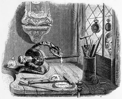 La Fontaines Fabel (von Jean de La Fontaine): die Schlange und die Feile, Gravur von J.J. Grandville, ca. 1838-40 von Grandville (1803 47)