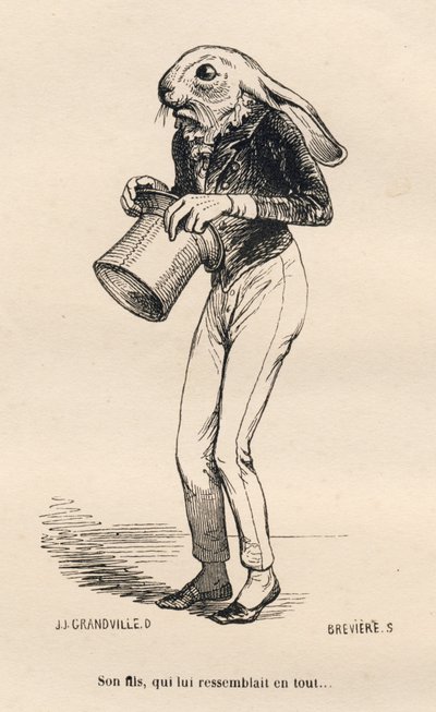 Ängstlicher Hase im Dandy-Kostüm. Illustrierte Vignetten von JJ Granville. Gravur signiert Breviere im Teil "Geschichte eines Hasen" geschrieben von PJ Stahl in "Szenen aus dem privaten und öffentlichen Leben der Tiere". Paris, J. Hetzel et Paulin von Grandville
