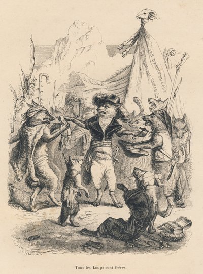 Revolution der Wölfe und Freiheit und Recht des Wolfes. Vignetten illustriert von JJ Granville. Gravur signiert Godard im Teil "Reise eines Spatzen aus Paris" geschrieben von George Sand in "Szenen aus dem privaten und öffentlichen Leben der Tiere". Paris, von Grandville
