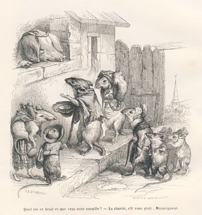 Maus spendet einem Schwein. Vignetten illustriert von JJ Granville. Gravur signiert Andrew, Best und Leloir im Teil "Der philosophische Ratte" geschrieben von Edouard Lemoine in "Szenen aus dem privaten und öffentlichen Leben der Tiere". Paris, J. Hetzel von Grandville