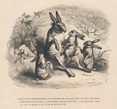 Drei Hasenkinder hören ihrem verletzten Großvater zu, der Geschichten erzählt. Vignetten illustriert von JJ Granville. Gravur signiert von Breviere im Teil "Geschichte eines Hasen" geschrieben von PJ Stahl in "Szenen aus dem privaten und öffentlichen Leben von Grandville