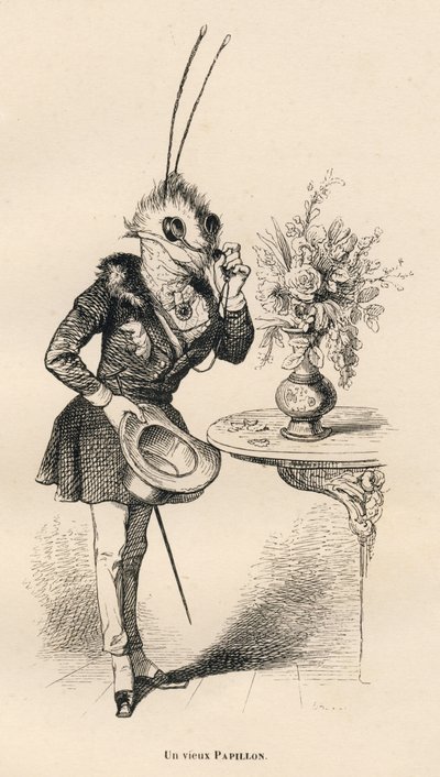 Ein alter Schmetterling, der mit seiner Brille auf die Uhr schaut. Vignetten illustriert von JJ Granville. Gravur signiert von Breviere im Teil "Die Abenteuer eines Schmetterlings" geschrieben von PJ Stahl in "Szenen aus dem privaten und öffentlichen Leben von Grandville