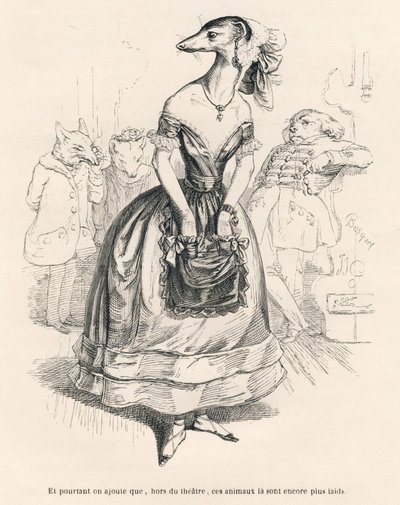 ... außerhalb des Theaters sind diese Tiere noch hässlicher. Illustrierte Vignetten von JJ Granville. Gravur signiert Godard im Teil "Das erste Feuilleton von Pistolet" geschrieben von Jules Janin in "Szenen aus dem privaten und öffentlichen Leben der Tier von Grandville