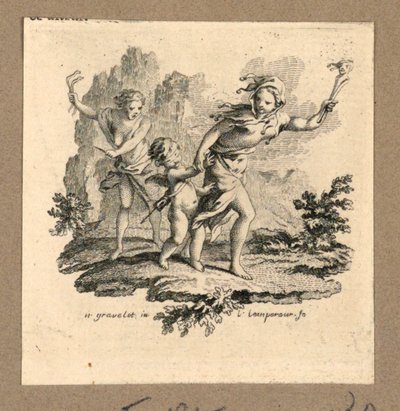 Amor mit verbundenen Augen, geführt von der Torheit von Gravelot