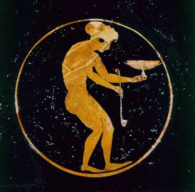 Attische rotfigurige Schale, dekoriert mit einem nackten Sklavenmädchen, das einen Weinkelch und eine Kelle hält, von Oltos, ca. 510 v. Chr. von Greek
