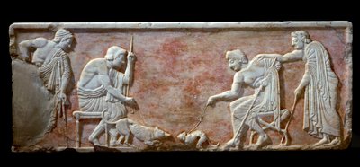 Griechische Kunst: Kouros-Basis, die zwei junge Männer zeigt, die einen Hund und eine Katze anstacheln - Marmorrelief, 510-500 v. Chr. von Greek