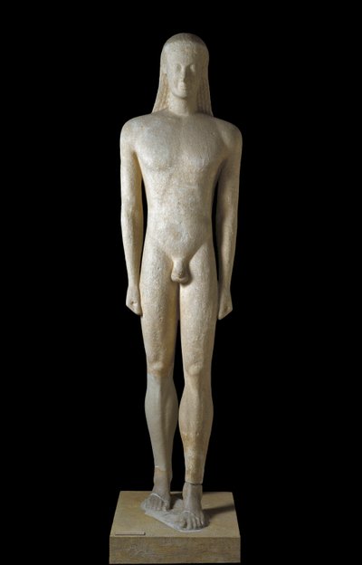 Griechische Kunst: Statue des Kouros, Skulptur eines jungen Mannes der archaischen Periode (650-500 v. Chr.), 530-520 v. Chr., von Melos, Dim. 1,94 m - Athen, Nationalmuseum für Archäologie von Greek