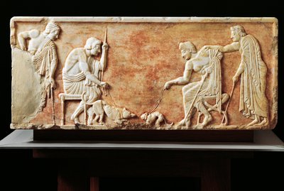 Stele, die einen Kampf zwischen Hund und Katze darstellt, 510 v. Chr. (Relief) von Greek