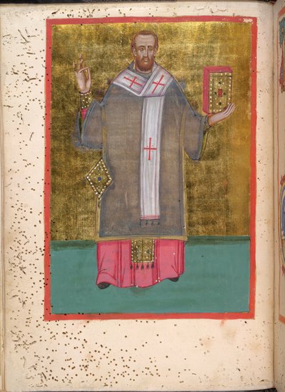 Egerton 2392, f.5v, Miniatur eines stehenden Johannes Chrysostomus, der ein Buch hält, aus 
