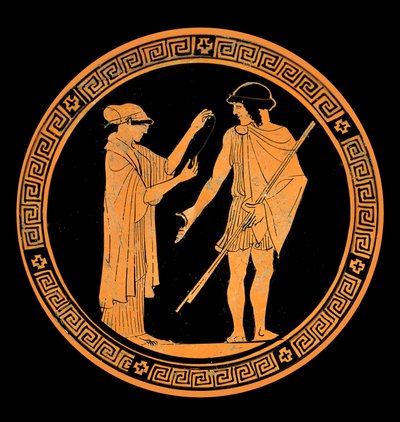 Galantes Gespräch, Dekoration einer Keramik mit roten Figuren. 5. Jahrhundert v. Chr. von Greek School