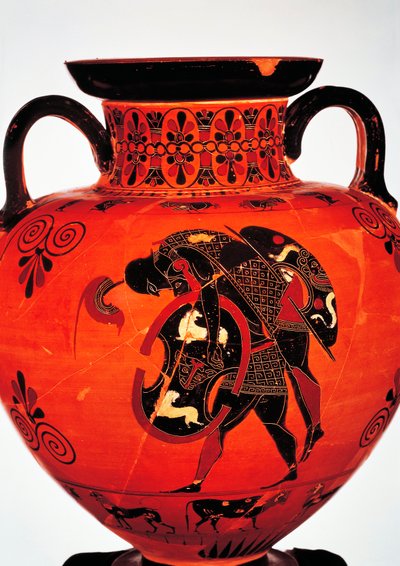 Griechische Zivilisation, 6. Jahrhundert v. Chr. Schwarzfigurige Keramik. Amphore, die Ajax zeigt, wie er den Körper von Achilles trägt. von Greek School