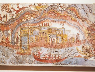 Griechische Zivilisation, Fresko, das eine Schiffsprozession darstellt, aus Akrotiri, Thera-Insel, Santorini, Griechenland von Greek School