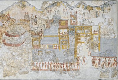 Miniaturfresko, das eine Flotte zeigt, die den Hafen verlässt, aus dem Westhaus von Thera oder Santorini, Griechenland von Greek School