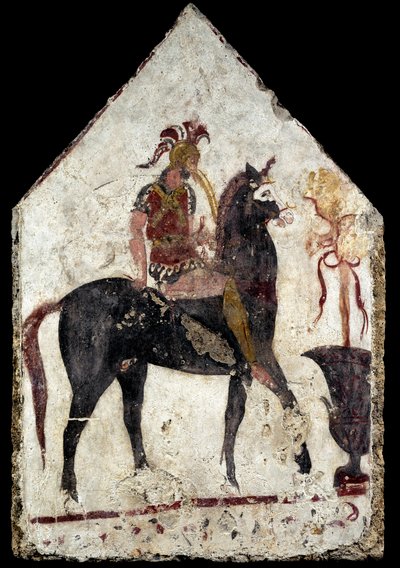 Bemalte Platte, der sogenannte schwarze Reiter, aus Paestum, Andriuolo, Grab 58 von Greek School