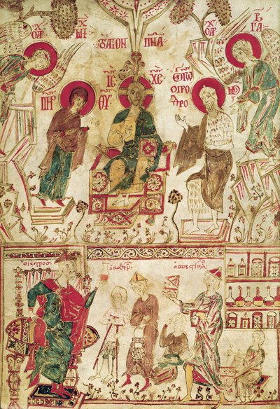 Der byzantinische Arzt Myrepsos empfängt die Patienten, aus einem griechischen Manuskript, 13. Jahrhundert von Greek School